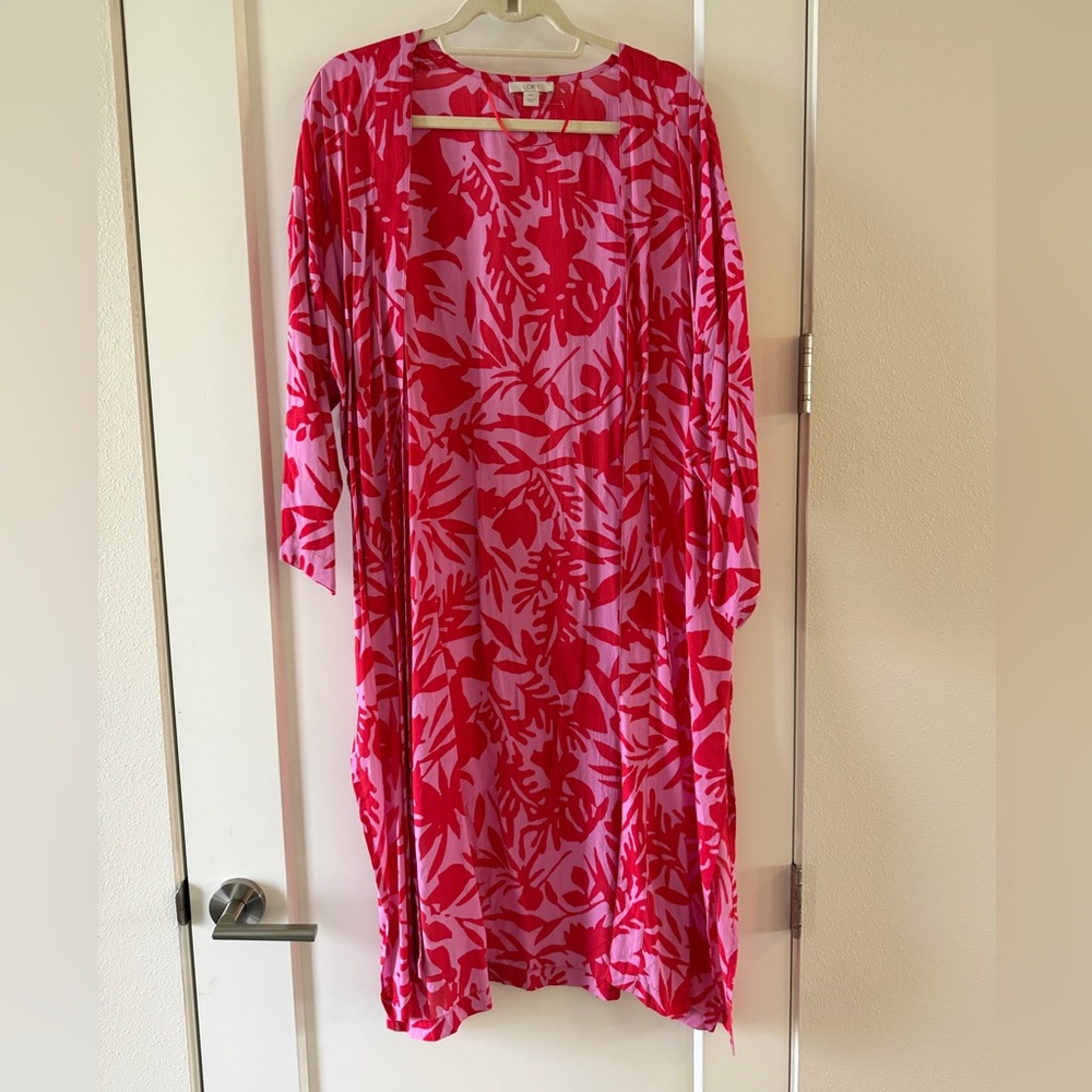 LOFT Pink Tropical Leaf Open Front Kimono M/L